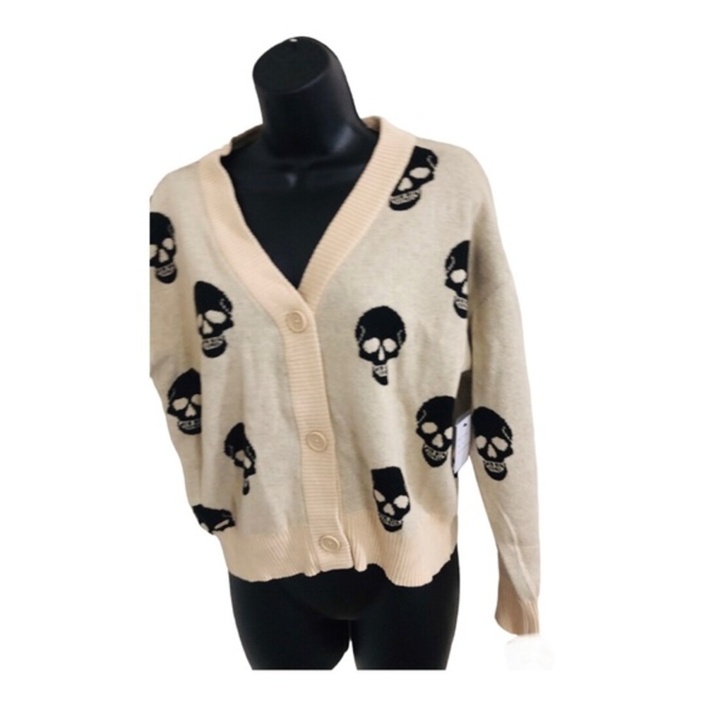 Cream skull print button front v-neck grandpa style cardigan size Medium new - Picture 10 of 11